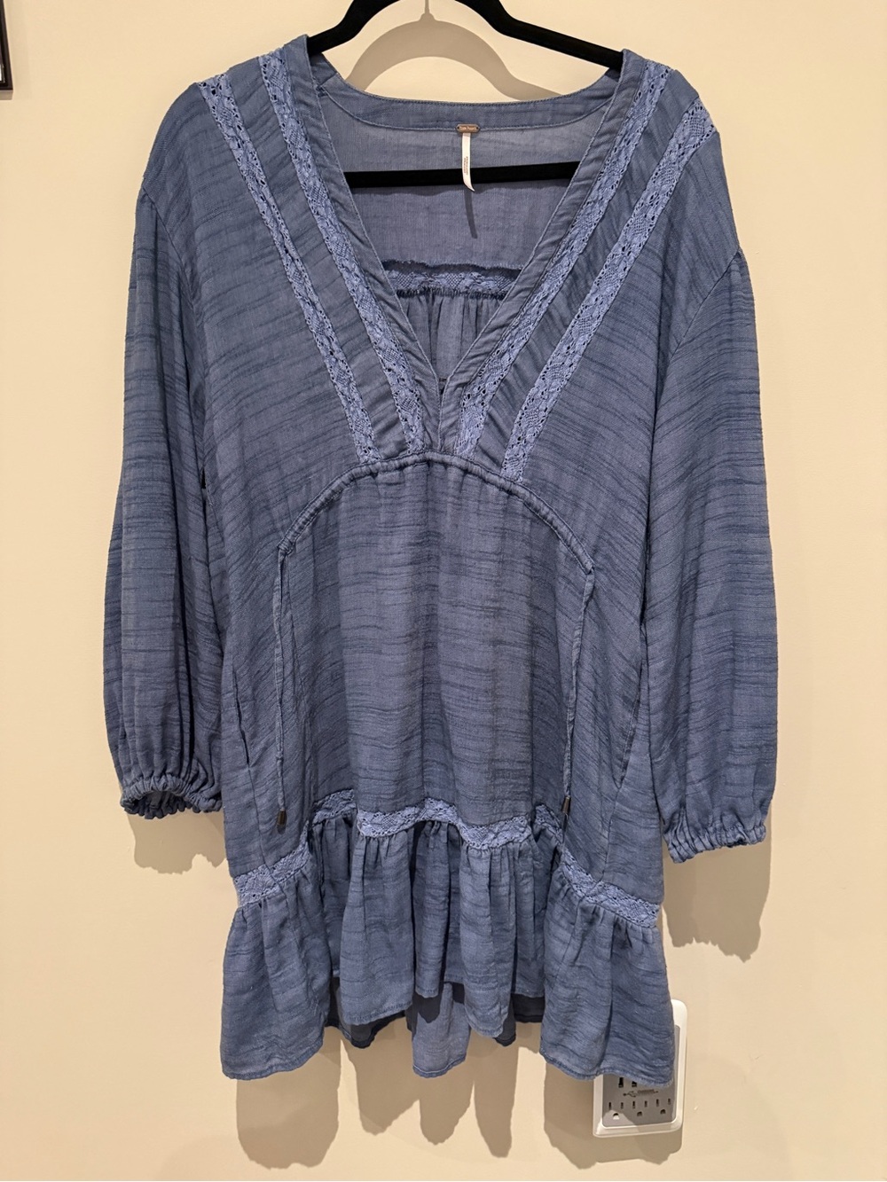 Free People Blue Gauze Lace Trim Babydoll Tunic Dress Large Boho Cottagecore